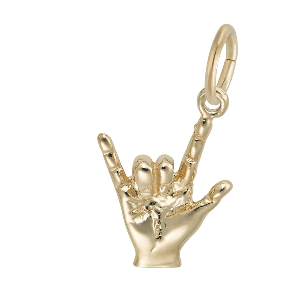 Gold hand charm making the ASL symbol for 'I Love You shown on a white background