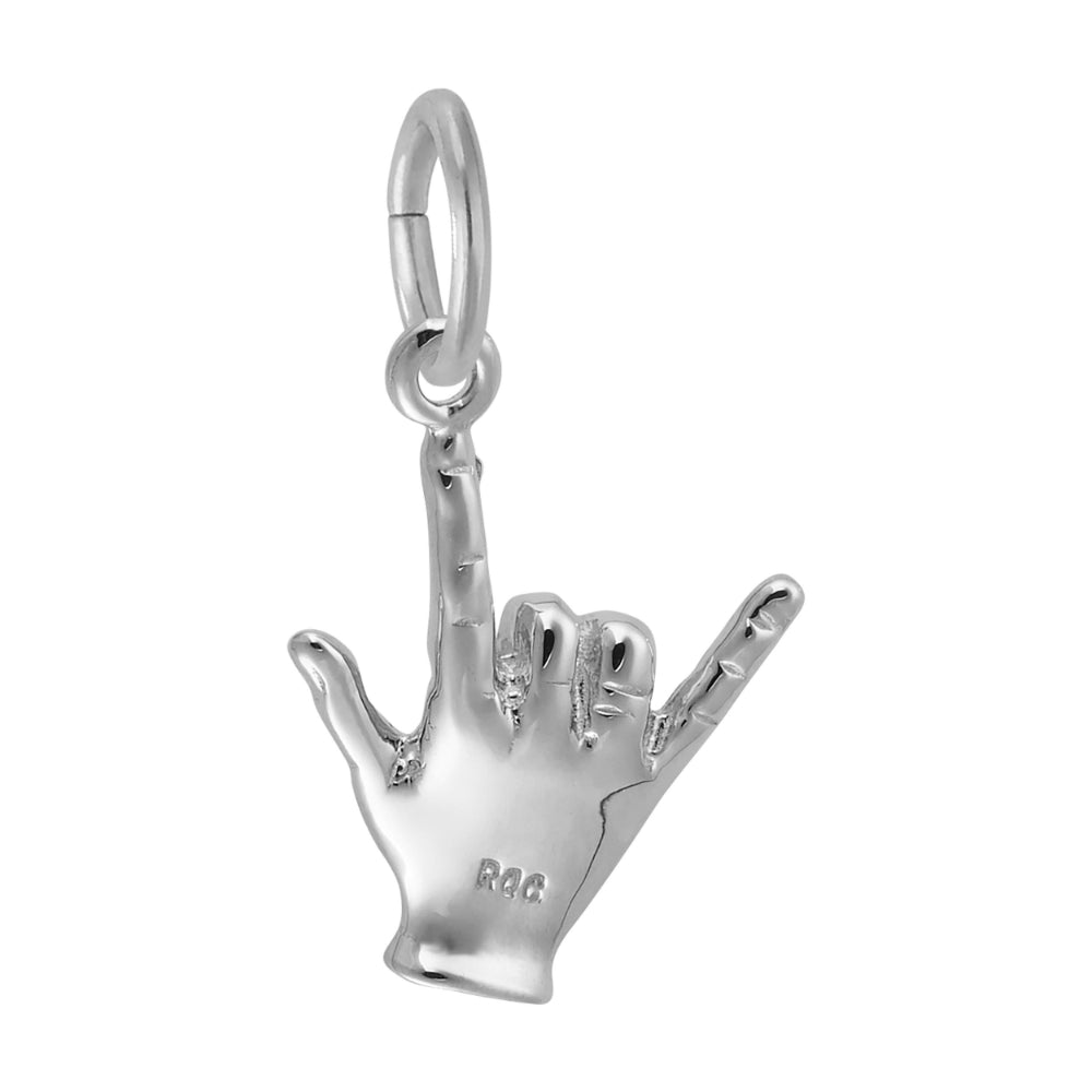 Back of a Silver hand charm making the ASL symbol for 'I Love You shown on a white background