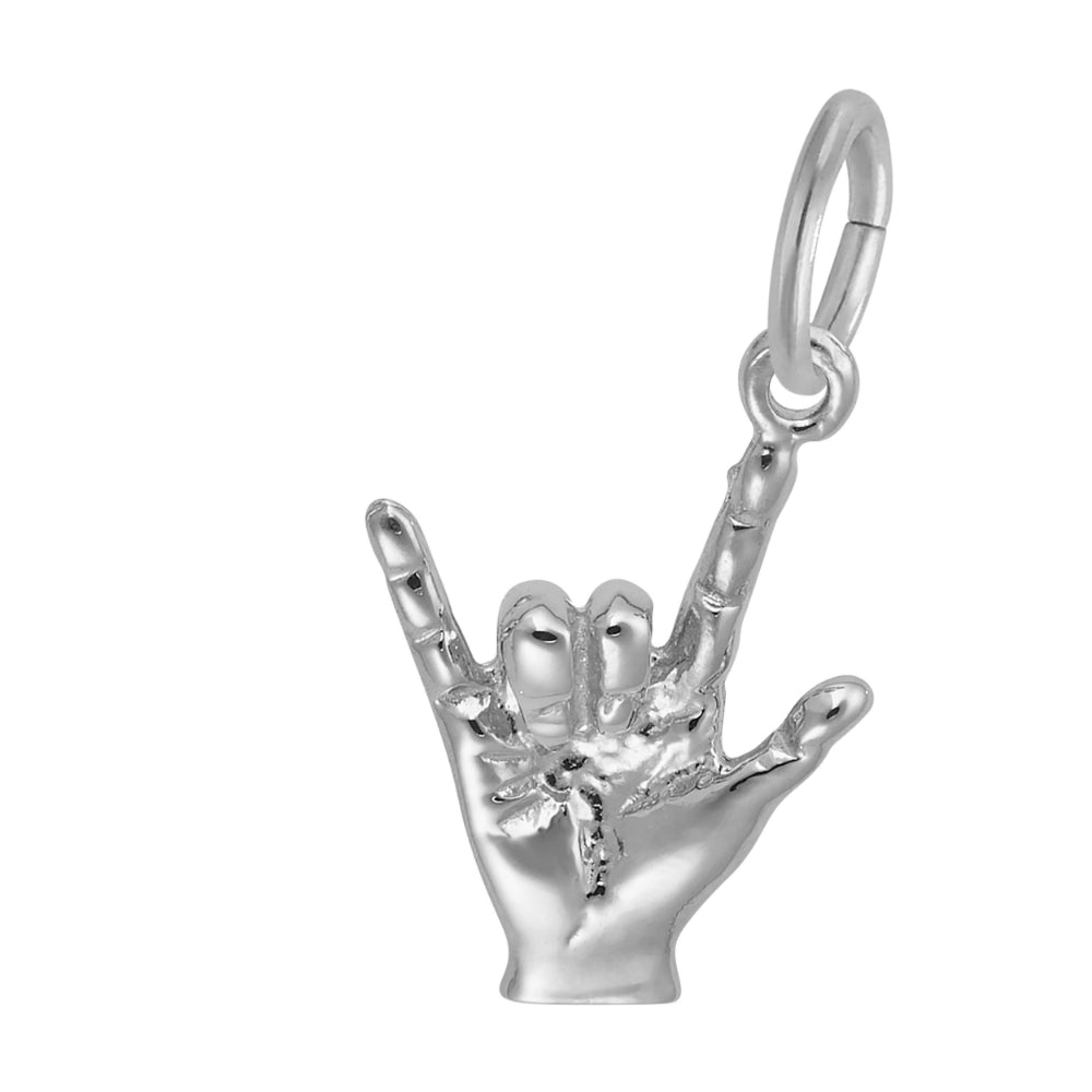 Silver hand charm making the ASL symbol for 'I Love You shown on a white background