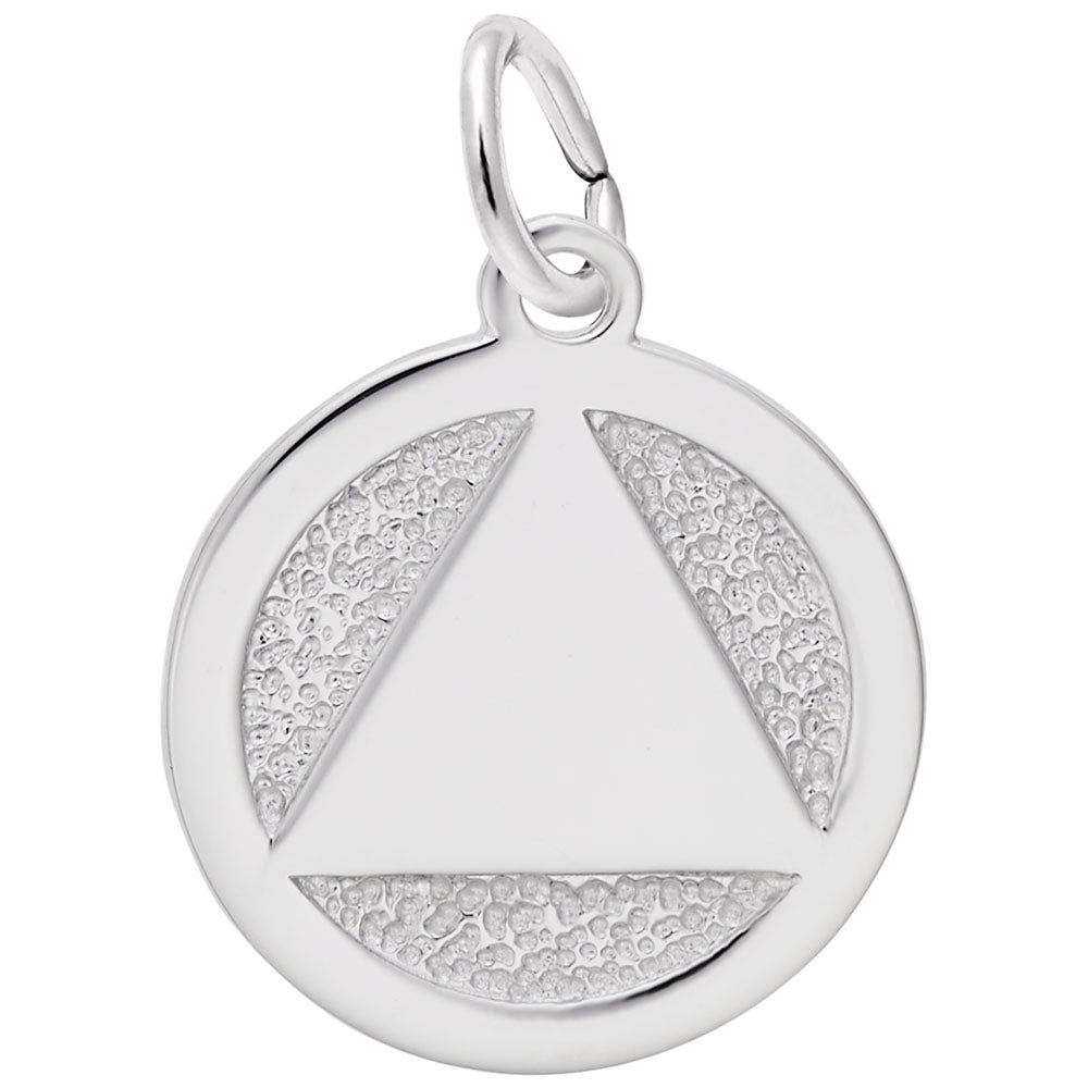 Silver disc charm with the symbol for AA in the center, shown on a white background