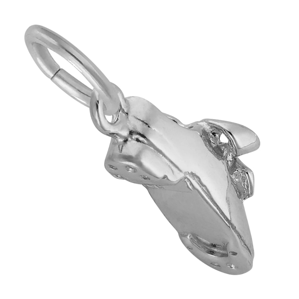 Bottom and side of a polished silver tap shoe charm with detailed nails and bow, shown on a plain white background