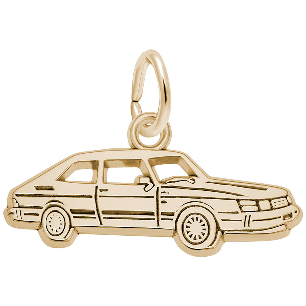 Gold car shaped charm with etched line detailing and a polished finish shown on a plain white background