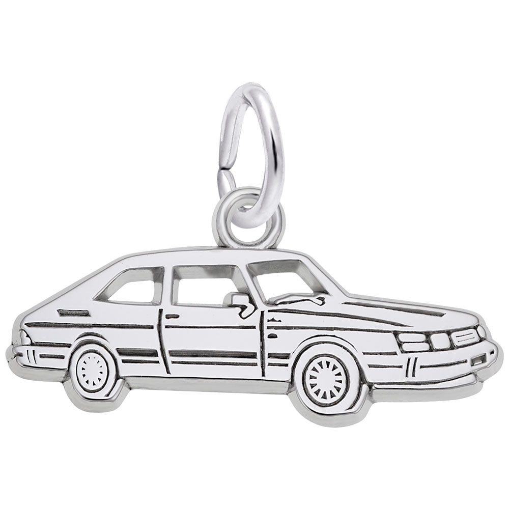 Silver car shaped charm with etched line detailing and a polished finish shown on a plain white background