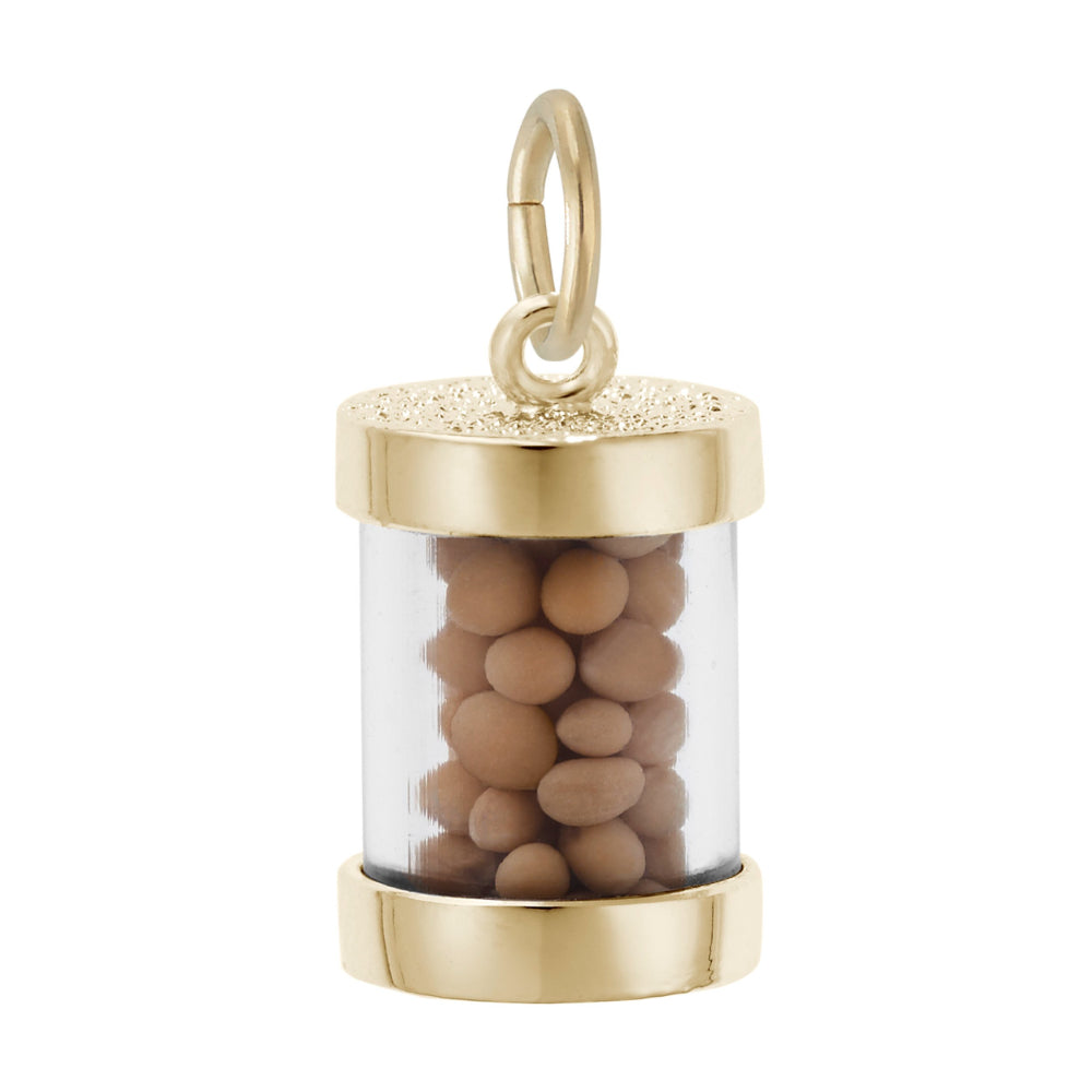A silver cylindrical charm filled with small mustard seeds, featuring a textured top and bottom rim, shown on a plain white background 