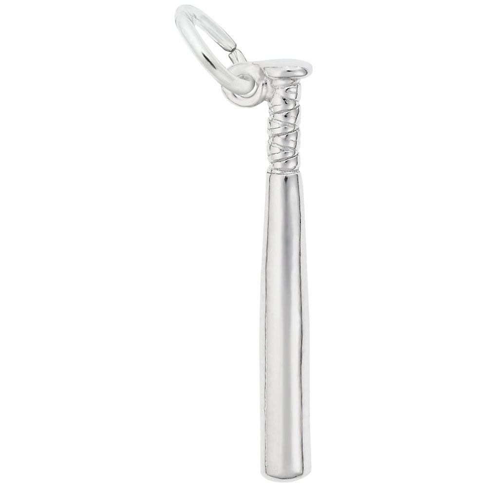 A silver baseball bat charm with a textured wrap-around neck, shown on a plain white background.