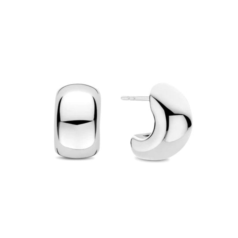 A pair of polished silver hoop earrings shown on a clean white background, with one earring facing forward and the other angled to show the side profile and post.