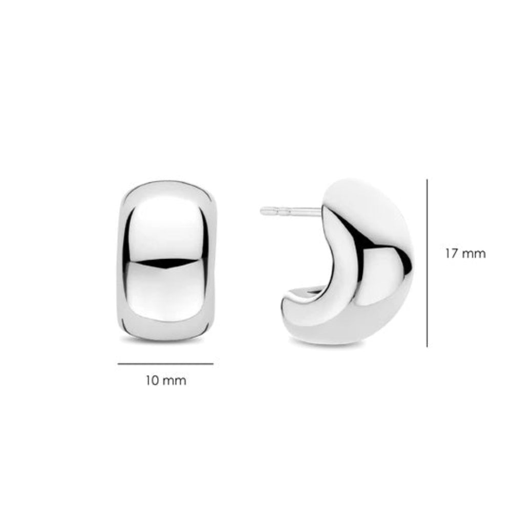 Two polished silver stud earrings shown on a white background, with one front view labeled 10 mm wide and one side view labeled 17 mm tall, indicating dimensions.