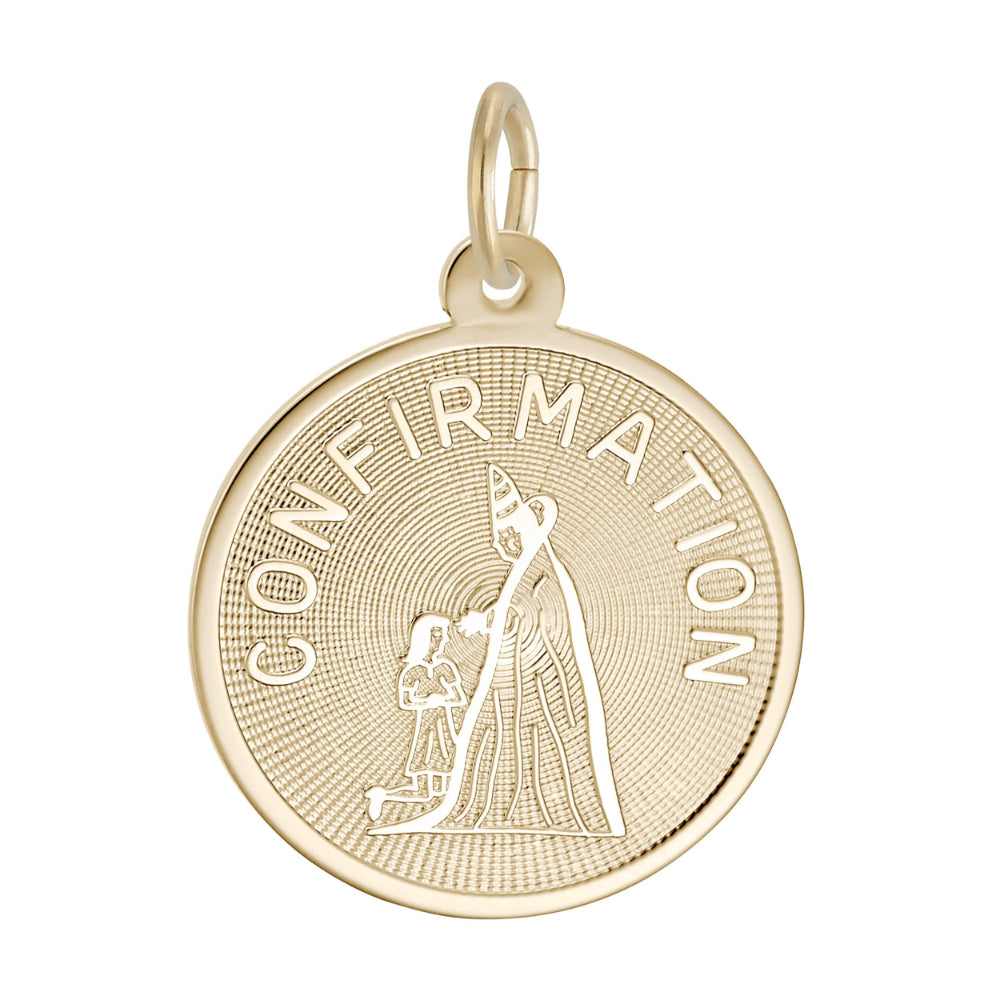 Gold disk charm with 'CONFIRMATION' text and a depiction of a priest and a child engraved on its face, shown on a white background