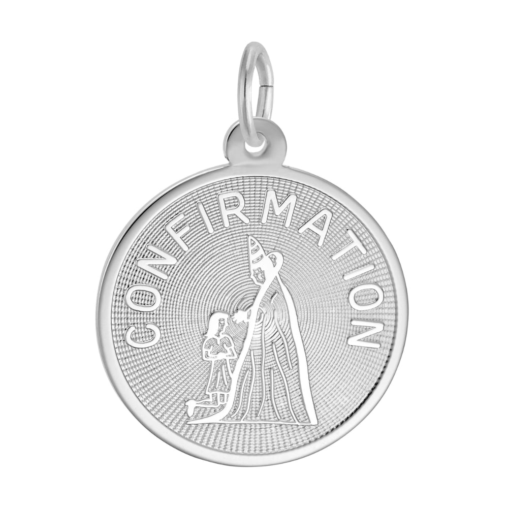 Sterling disk charm with 'CONFIRMATION' text and a depiction of a priest and a child engraved on its face, shown on a white background