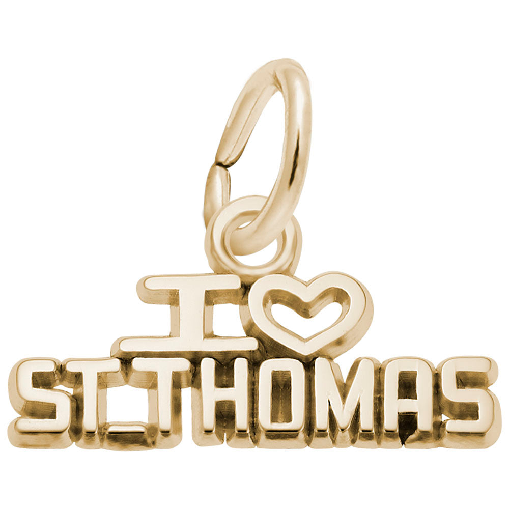 Polished gold  'I ❤️ St. Thomas' text charm, shown on a plain white background