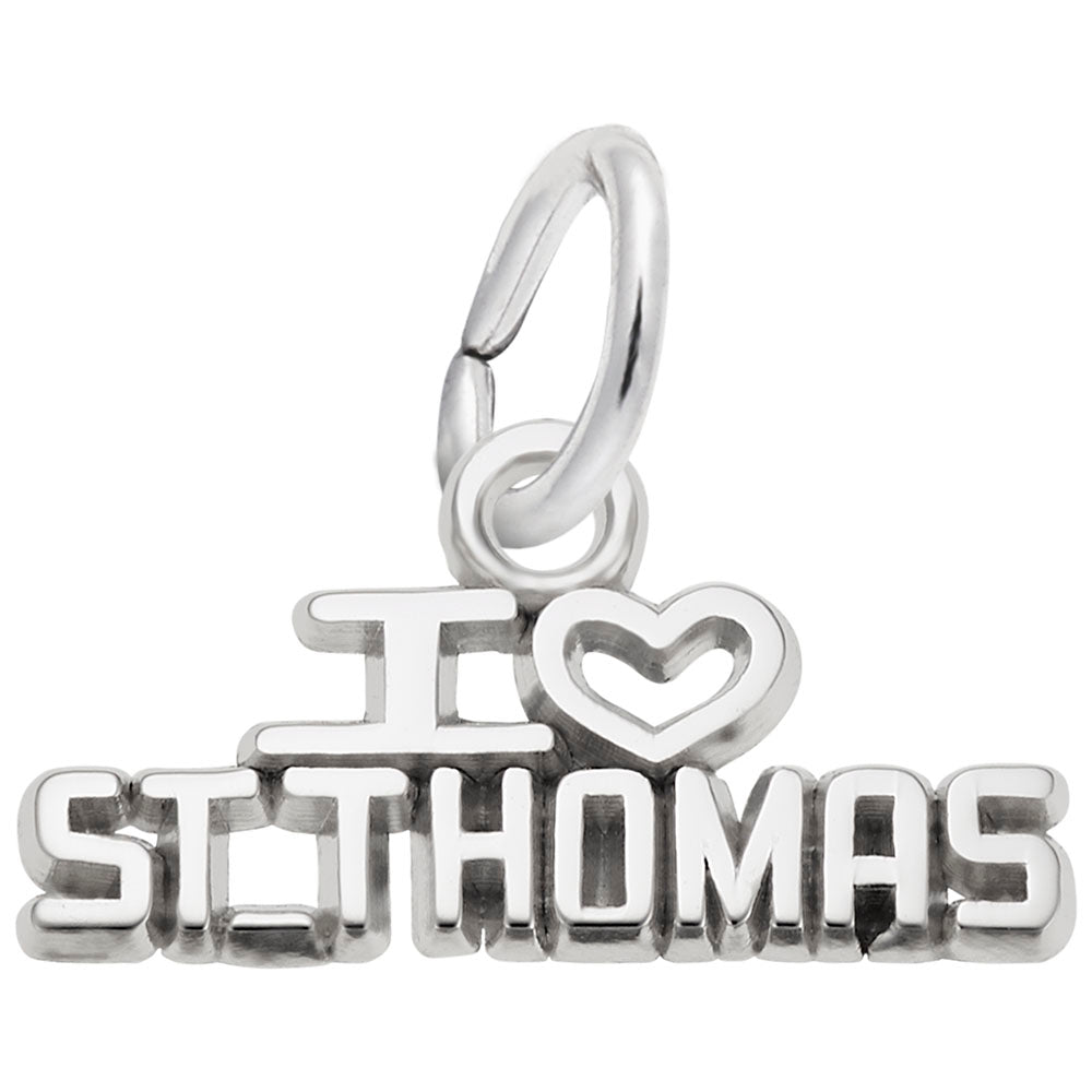 Polished silver 'I ❤️ St. Thomas' text charm, shown on a plain white background