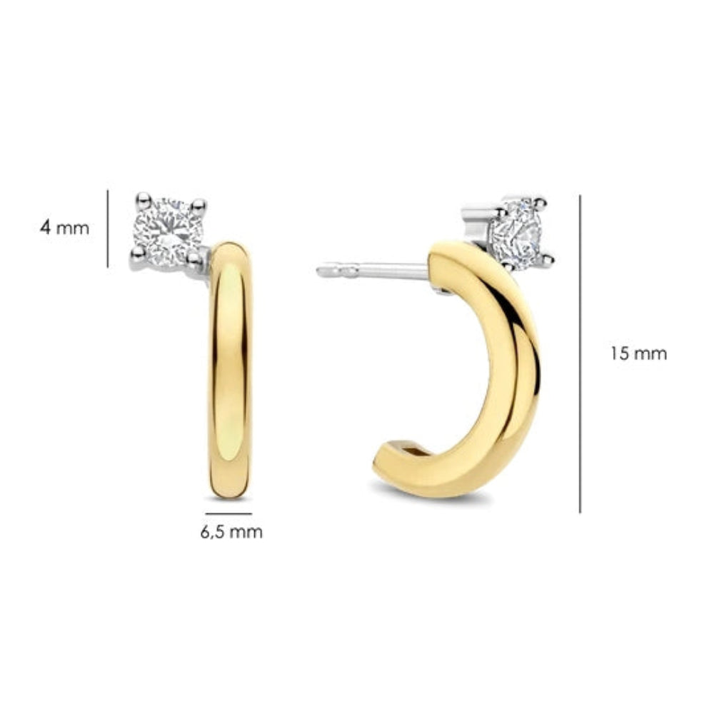 Gold aearrings with a single round-cut clear gemstone, shown with dimension markings of 4 mm, 6.5 mm, 15 mm, and 6 mm on a white background.