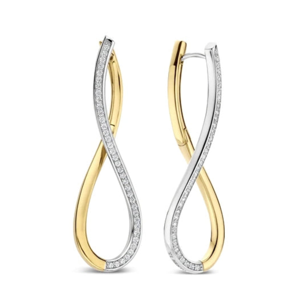 A pair of gold and white gold hoop earrings with pavé-set clear stones, shown on a clean white background.