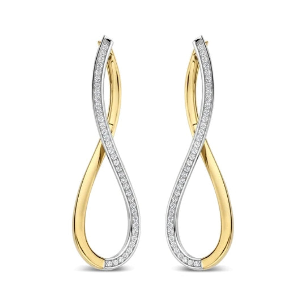 A pair of two-tone infinity drop earrings with yellow gold and white gold bands set with small clear stones, shown on a plain white background.