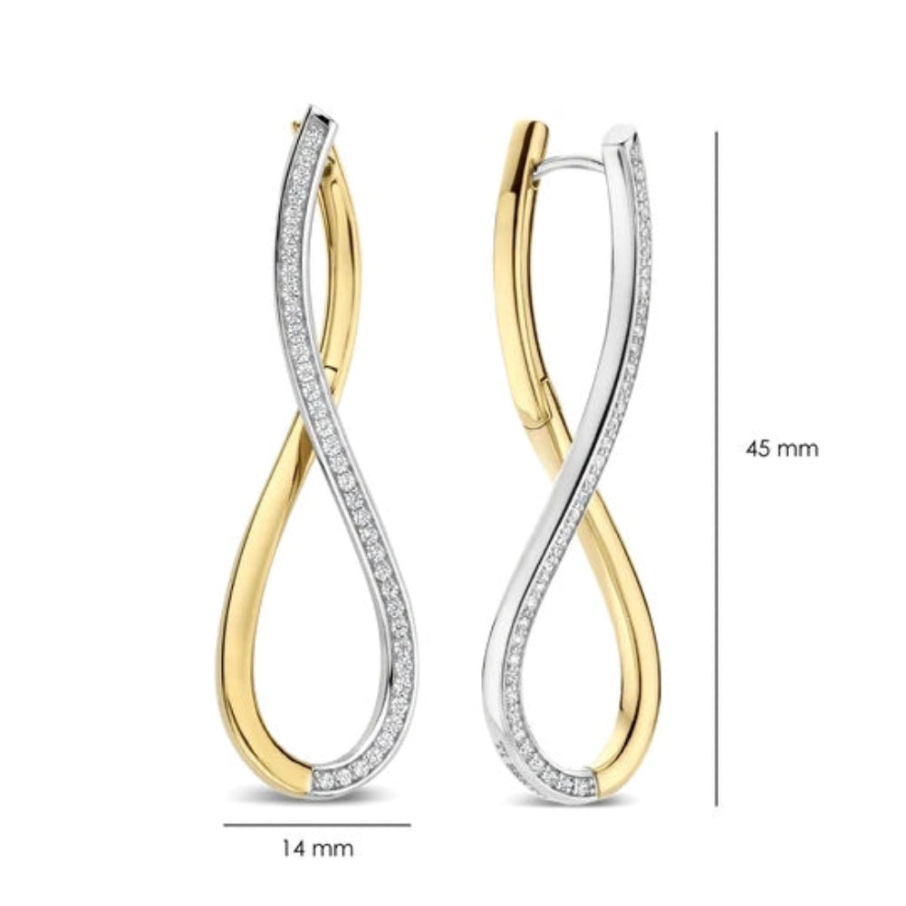 Two infinity-shaped hoop earrings in yellow gold and silver-tone metal, each channel-set with small clear stones. White background with dimension lines showing 45 mm height and 14 mm width.