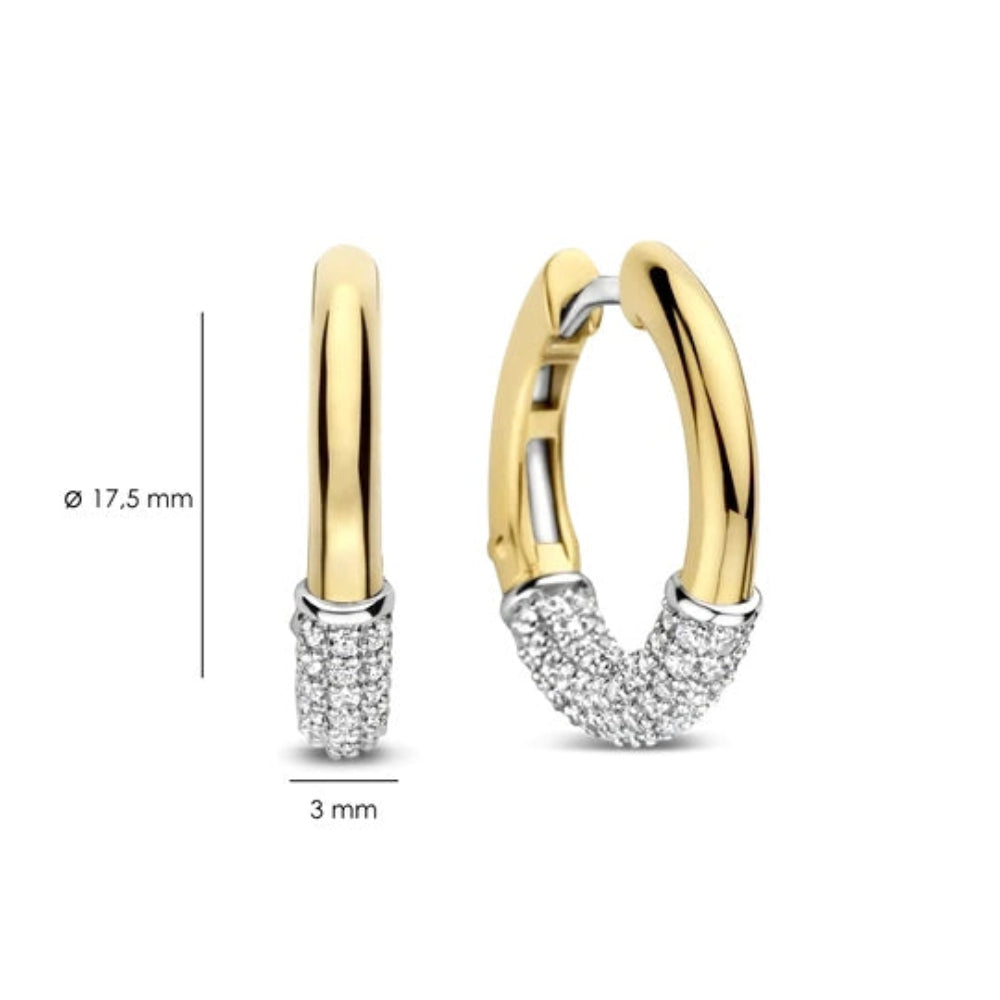 Gold and silver huggie hoop earrings with pavé-set clear stones, shown on a white background with size markings indicating a diameter of 17.5 mm and width of 3 mm.