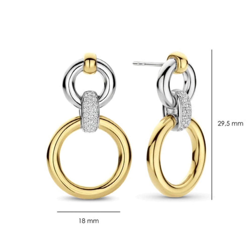 Two gold and silver drop earrings with circular links and a pavé-set accent, shown on a white background with dimension lines indicating 18 mm width and 29.5 mm height.