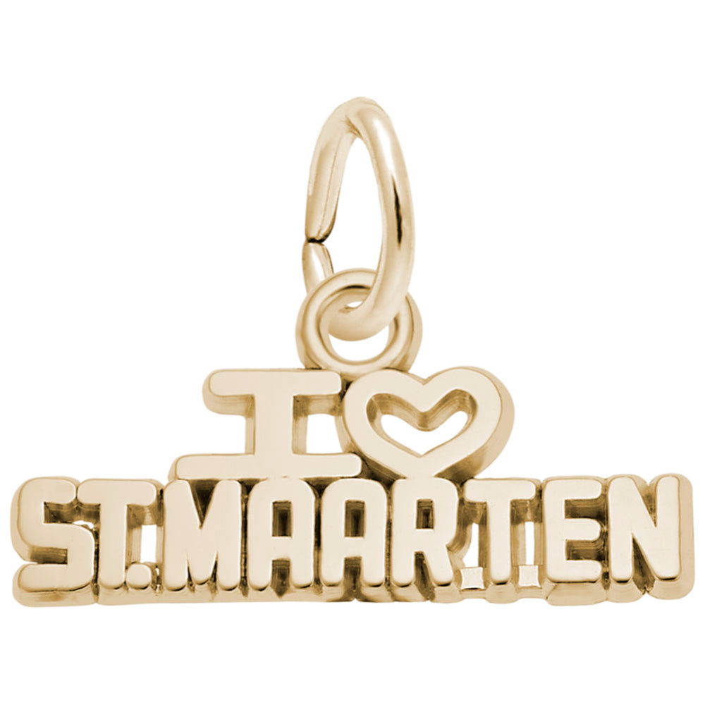 A gold 'I [heart] ST. MAARTEN' text charm, shown on a plain white background.