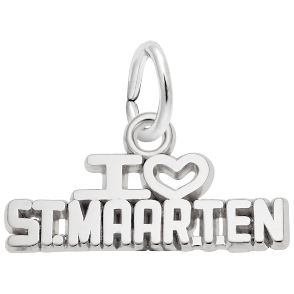 A silver 'I [heart] ST. MAARTEN' text charm, shown on a plain white background.