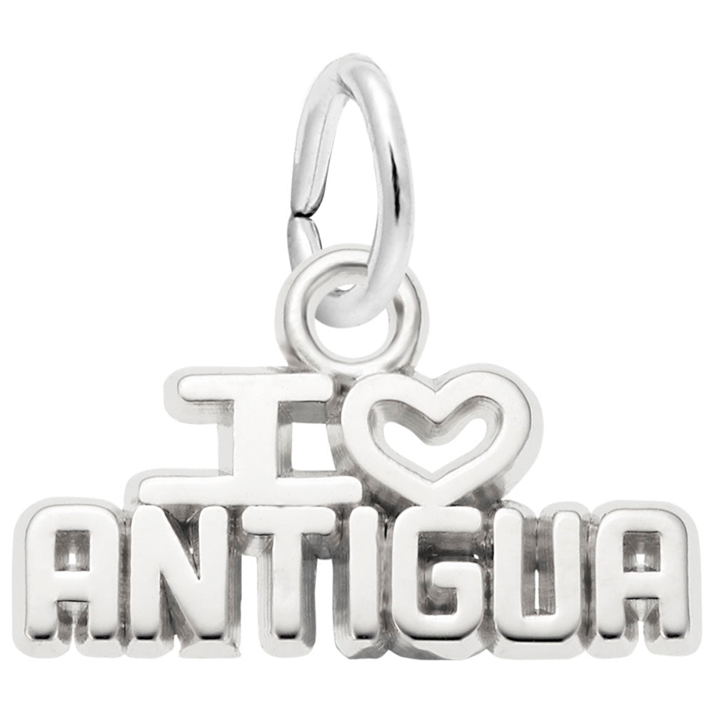 Silver 'I ❤️ Antigua' text charm shown on a plain white background