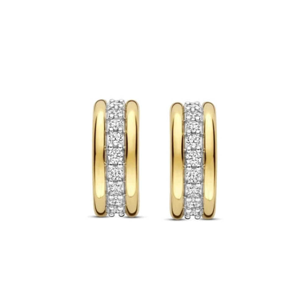 half hoop earrings feature a central strip set with shimmering cubic zirconia stones, 
