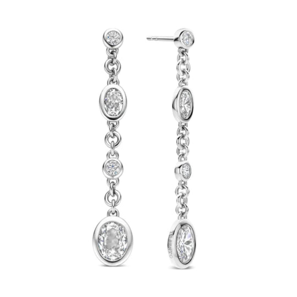 Silver oval drop earrings with multiple stones in different shapes and sizes arranged vertically 
