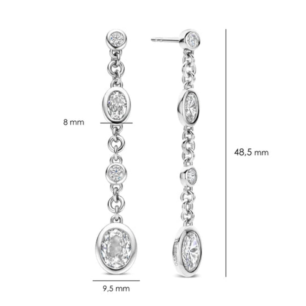 Silver oval drop earrings with multiple stones in different shapes and sizes arranged vertically measuring 48.5 in length, width is 8mm and the stone diameter is 9.5mm
