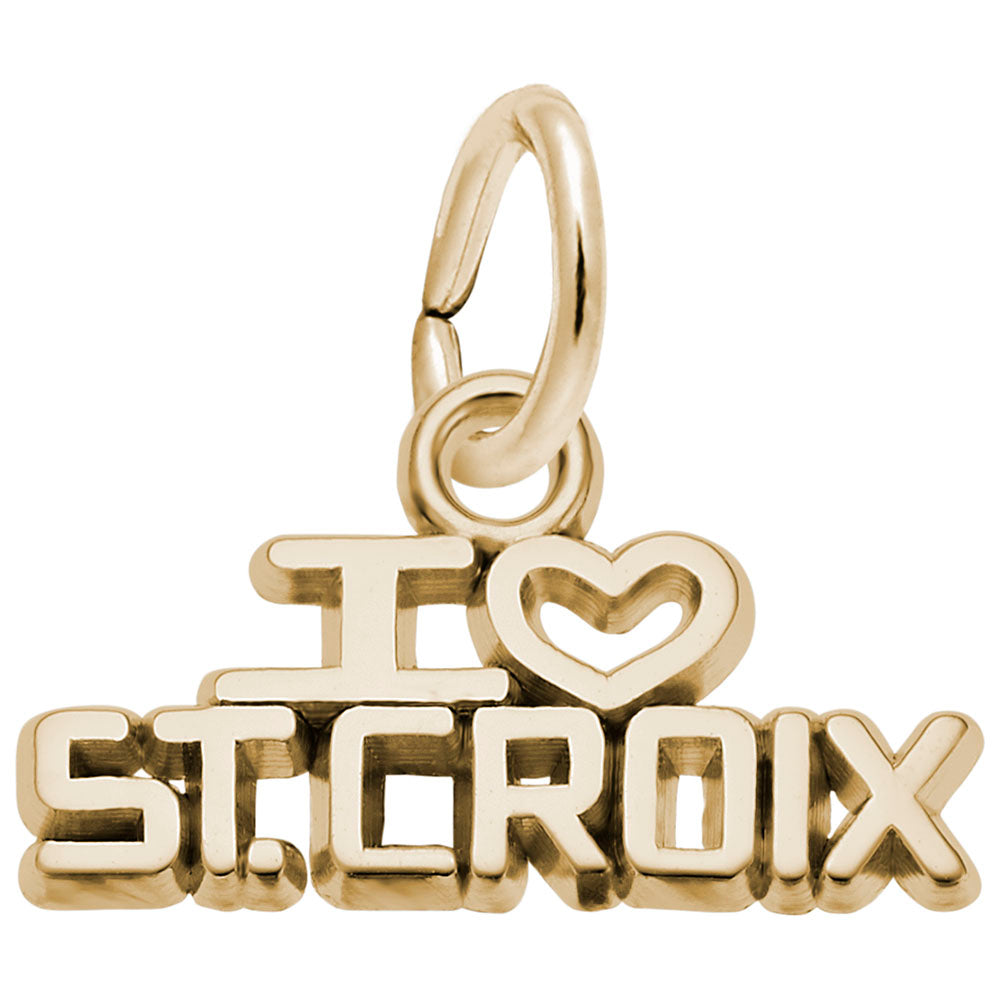 Gold 'I ❤️ St. Croix' text charm shown on a plain white background