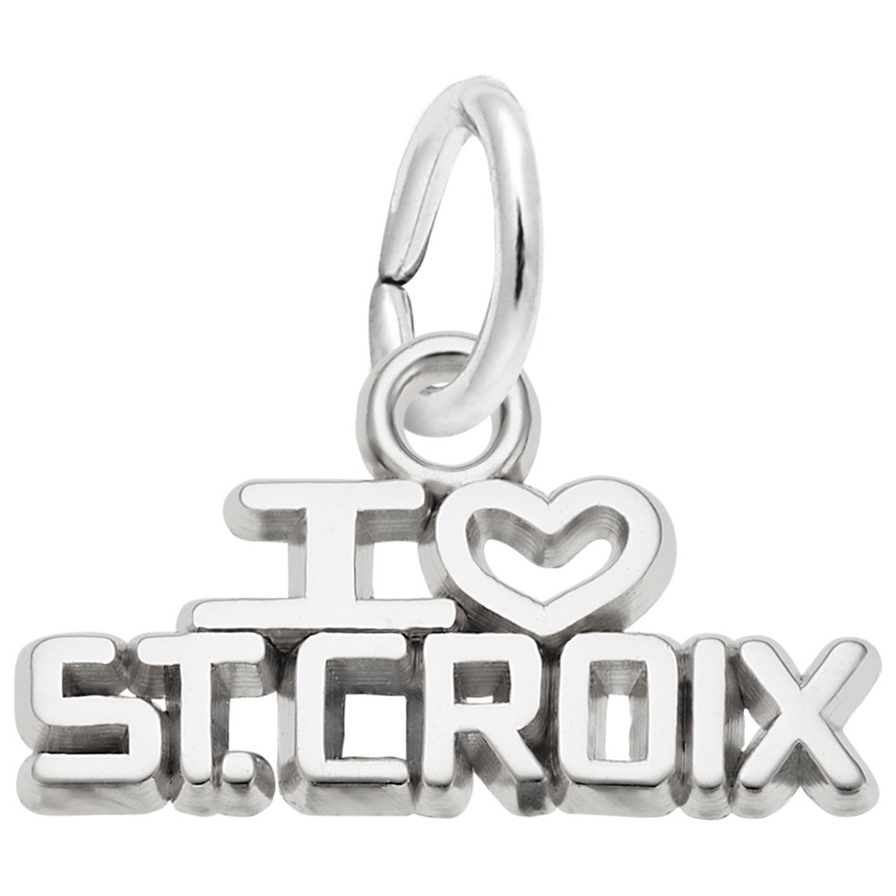 Silver 'I ❤️ St. Croix' text charm shown on a plain white background