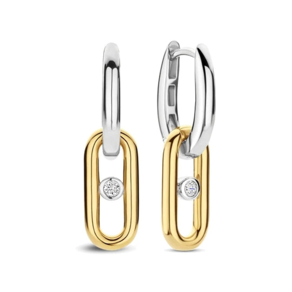 two tone link earrings with zirconia in gold plated link 