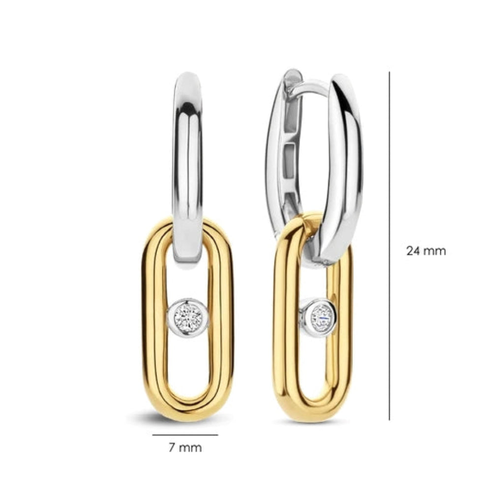 two tone link earrings with zirconia in gold plated link measuring 7mm width and 24mm length