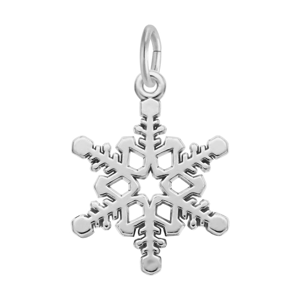 A silver snowflake charm with a polished finish, shown on a solid white background.