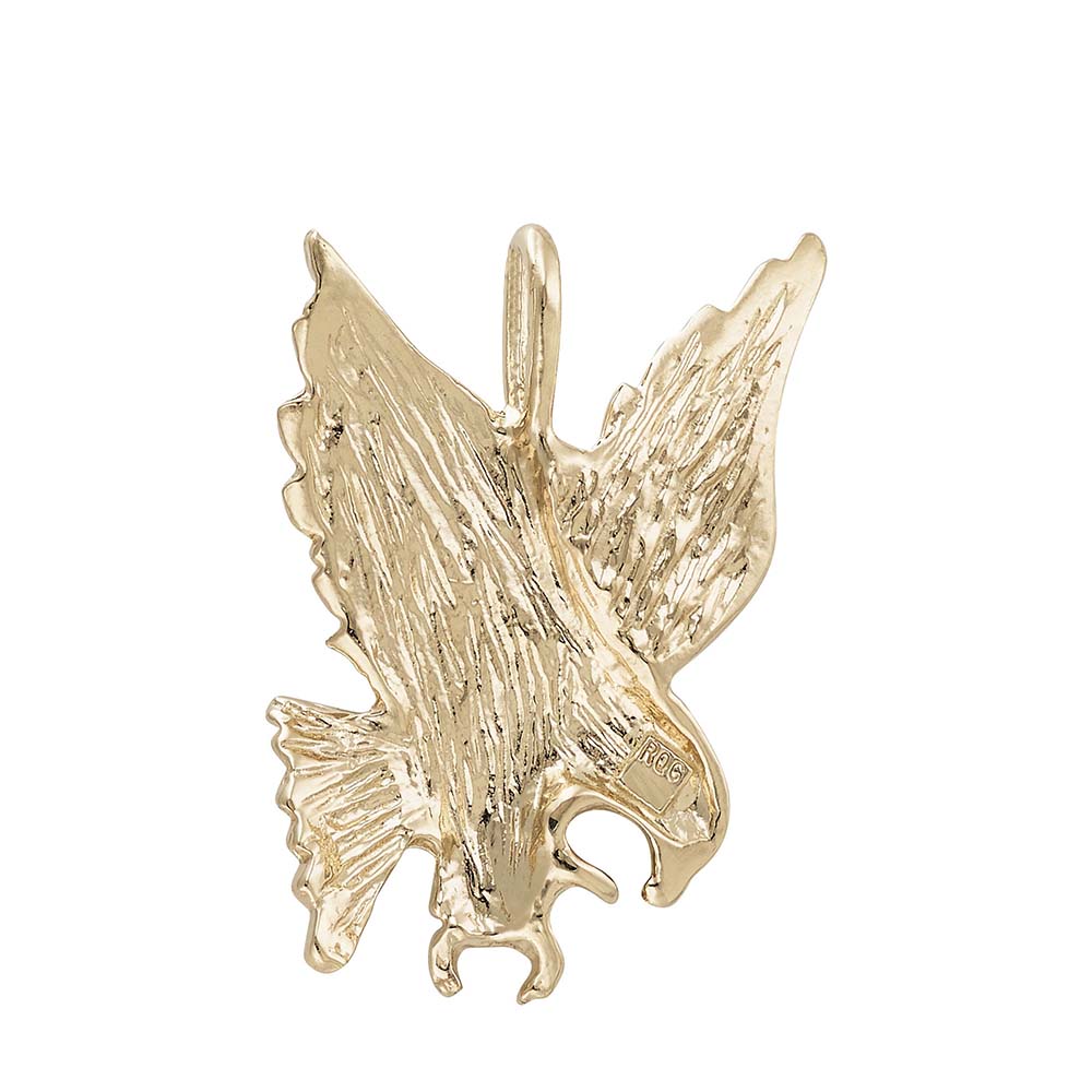 A gold eagle pendant with textured wings and a polished finish, shown on a plain white background.