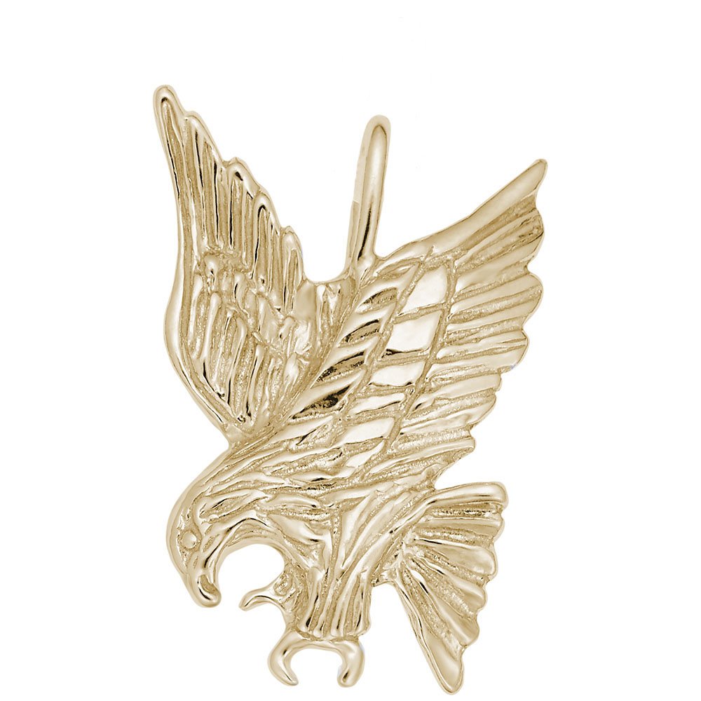 A gold eagle pendant with textured wings and a polished finish, shown on a plain white background.