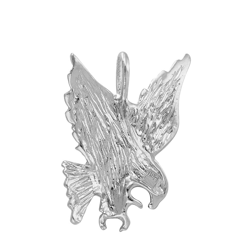 A silver eagle pendant with textured wings and a polished finish, shown on a plain white background.