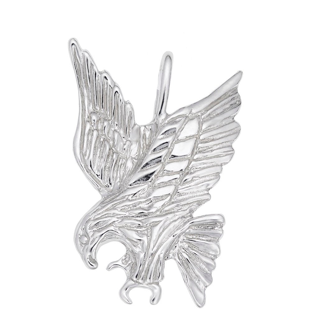 A silver eagle pendant with textured wings and a polished finish, shown on a plain white background.
