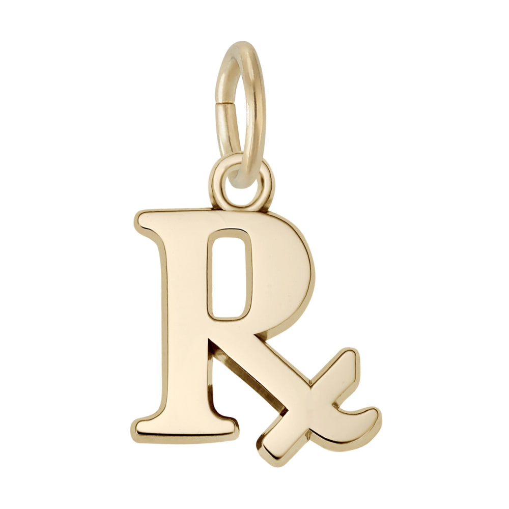 Polished gold Pharmacy Prescription symbol charm, shown on a white background