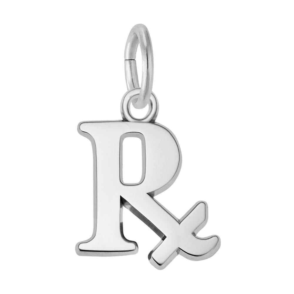 Polished silver Pharmacy Prescription symbol charm, shown on a white background