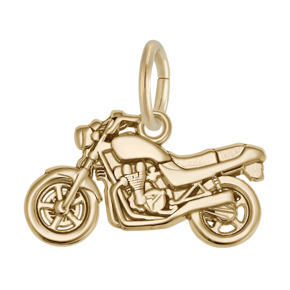 A gold motorcycle charm with detailed engine and wheel features, shown on a plain white background.