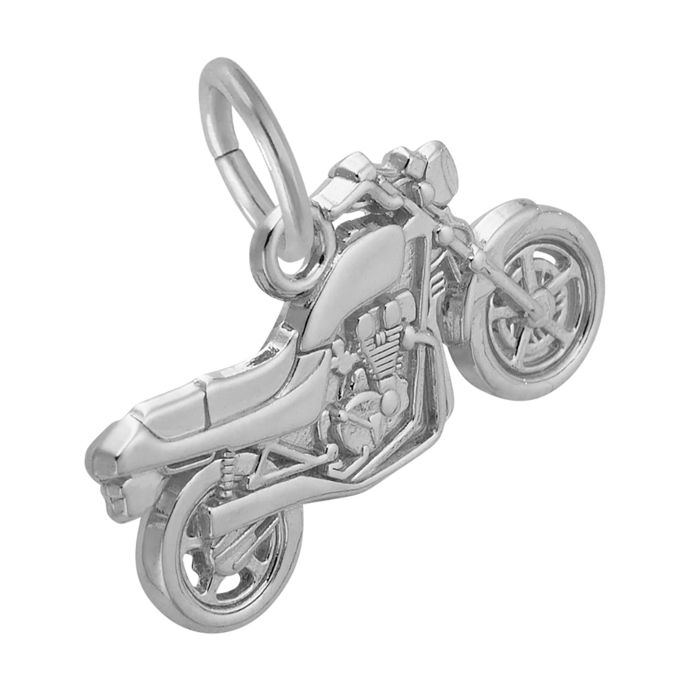 A silver motorcycle charm with detailed engine and wheel features, shown on a plain white background.