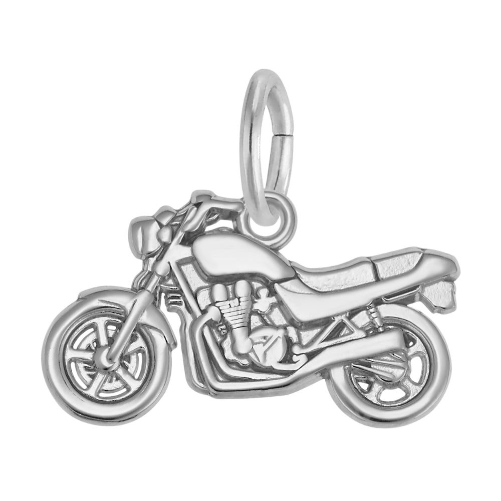 A silver motorcycle charm with detailed engine and wheel features, shown on a plain white background.