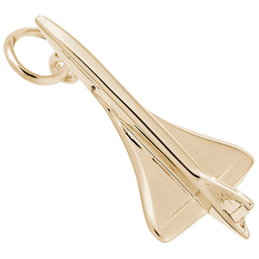 Polished yellow Concorde plane charm, shown on a white background