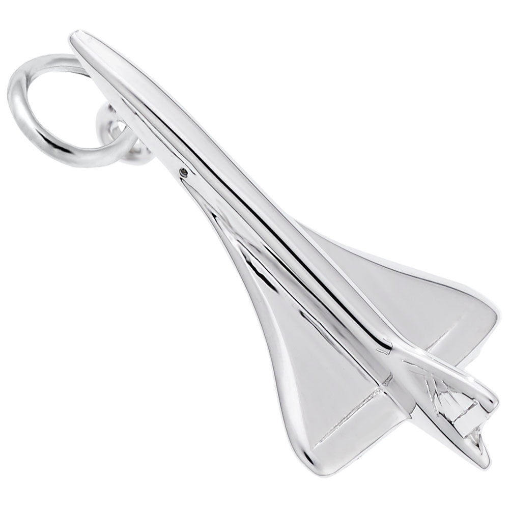 Polished silver Concorde plane charm, shown on a white background
