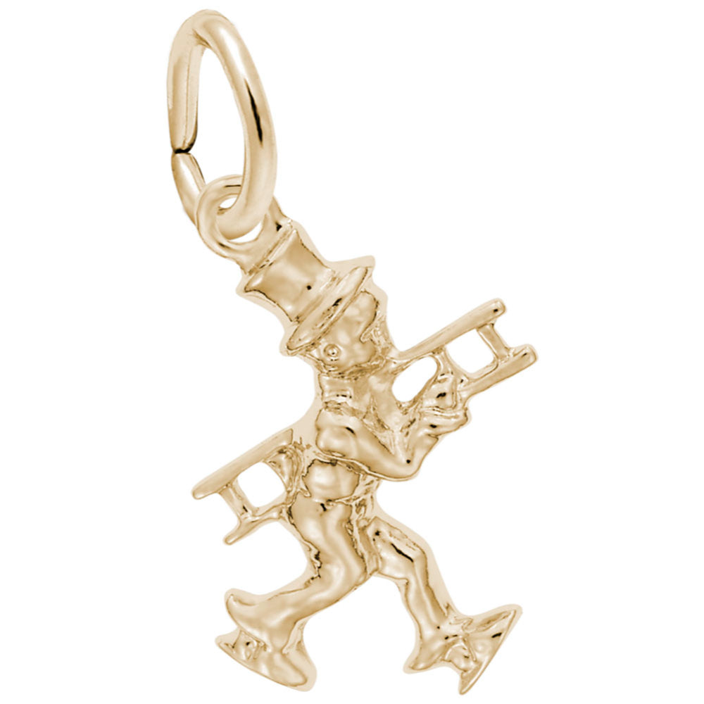 Polished gold charm of a chimney sweeper, shown on a plain white background