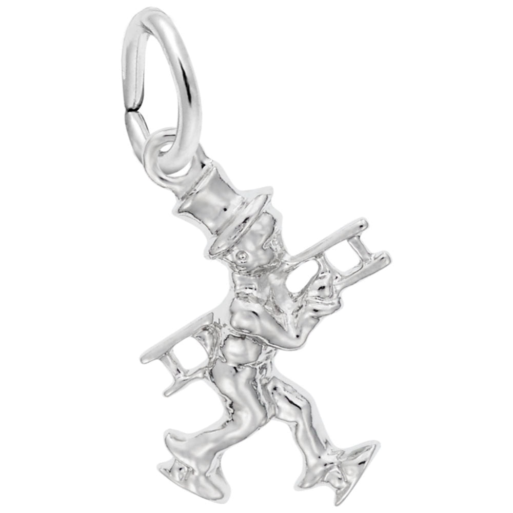 Polished silver charm of a chimney sweeper, shown on a plain white background