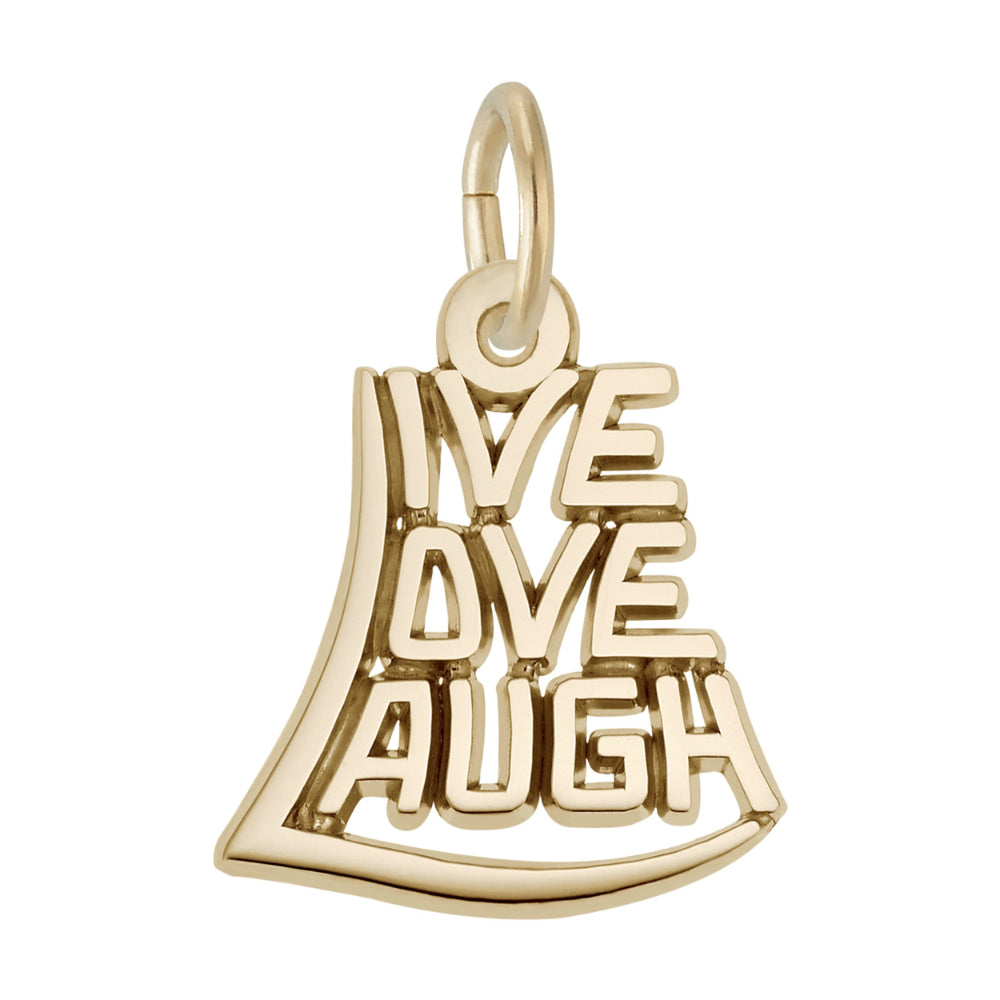Gold pendant with 'LIVE LOVE LAUGH' text on a white background
