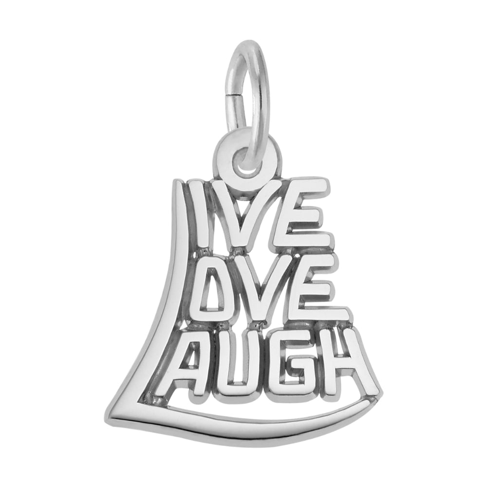 Silver pendant with 'Live Love Laugh' text on a white background