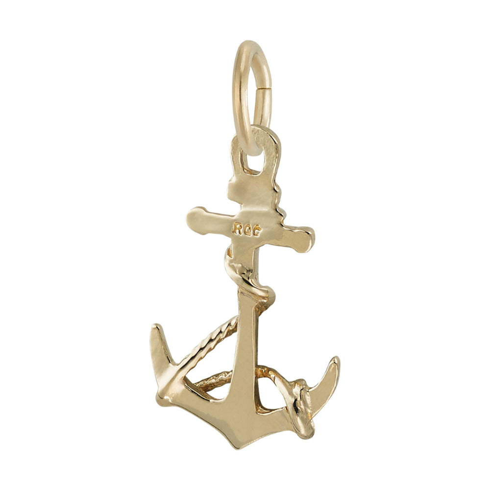 A polished yellow gold anchor charm with a rope-wrapped design, shown on a plain white background.