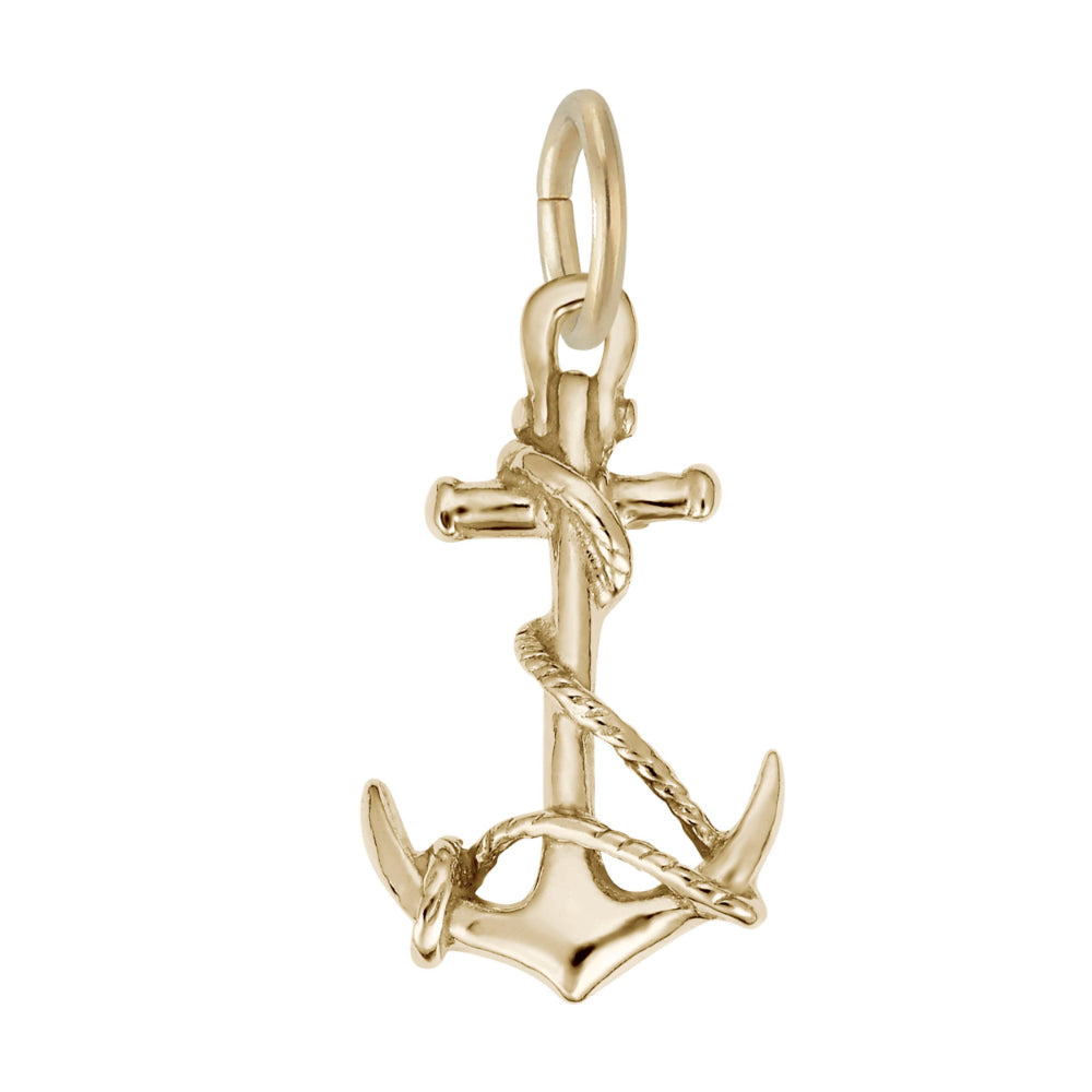 A polished yellow gold anchor charm with a rope-wrapped design, shown on a plain white background.