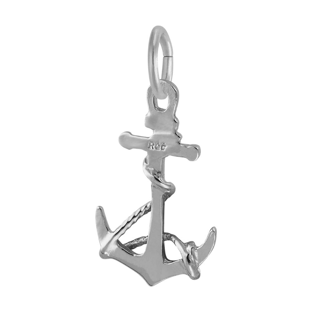 A polished silver anchor charm with a rope-wrapped design, shown on a plain white background.